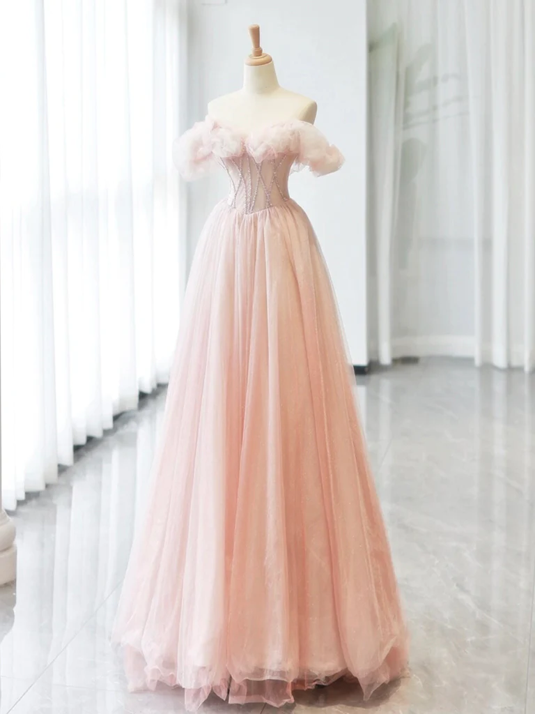A-Line Off Shoulder Tulle Beads Pink Long Prom Dress