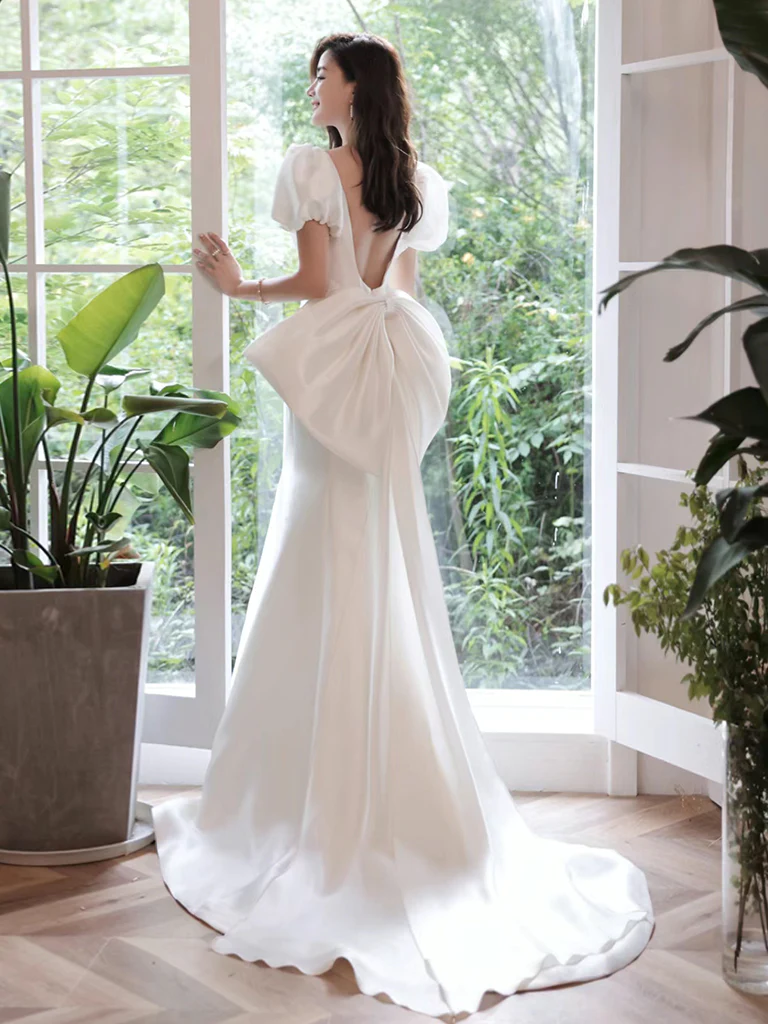 Simple Puff Sleeves Satin Mermaid White Long Prom Dress