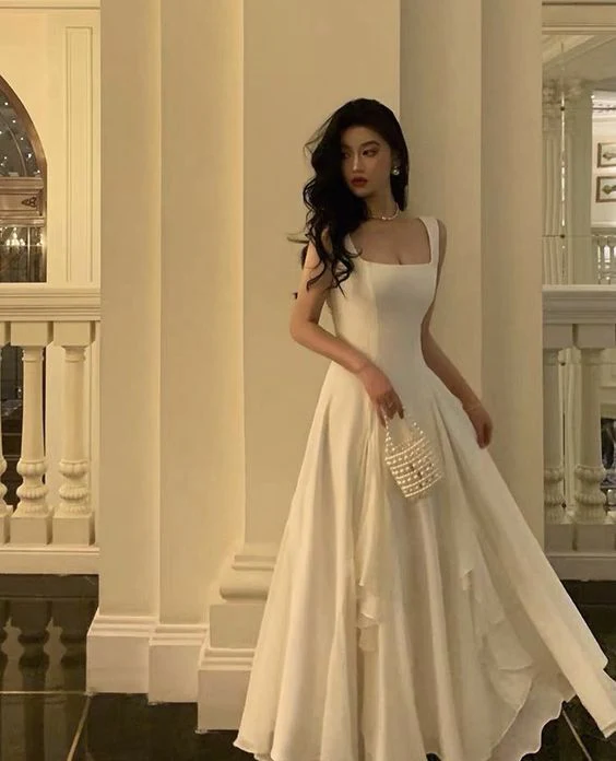 Modest A line Straps White Long Prom Dress