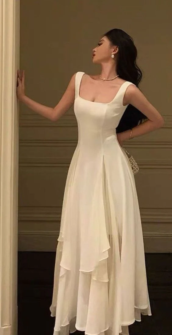 Modest A line Straps White Long Prom Dress