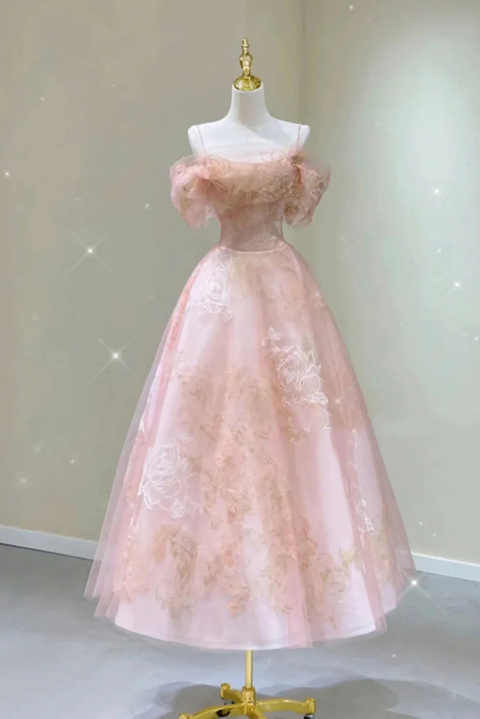 Modest A line Straps Pink Lace Ankle Length Prom Dress