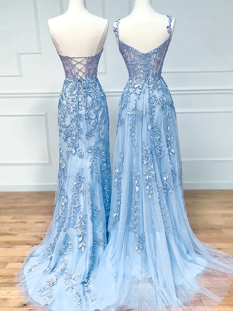 Sexy Sleeveless Light Sky Blue Lace Long Prom Dress