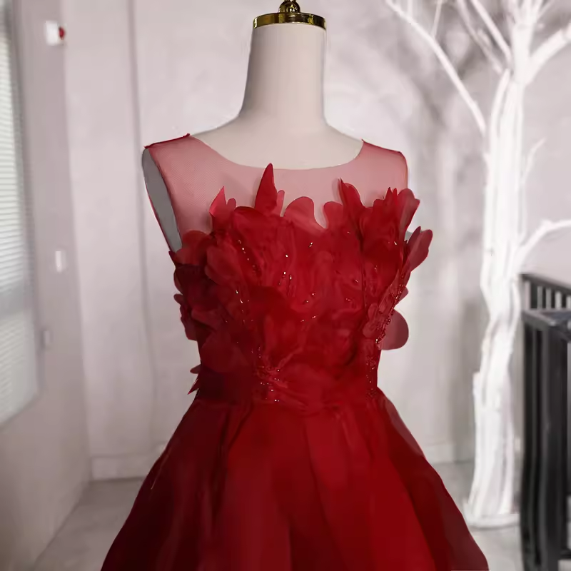 Fairy A Line Sleeveless Burgundy Long Floral Prom Dress