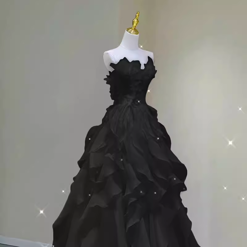 Fairy A Line Sleeveless Black Chiffon Long Floral Prom Dress