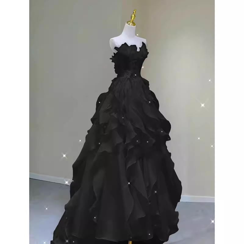 Fairy A Line Sleeveless Black Chiffon Long Floral Prom Dress