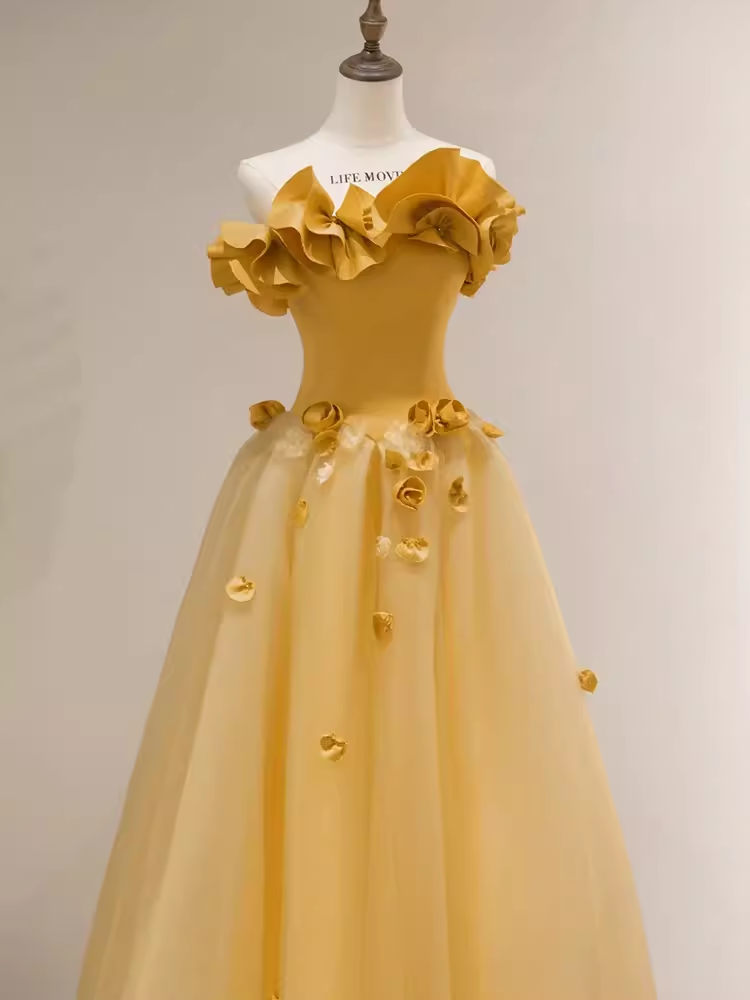 Fairy Ball Gown Sleeveless Yellow Long Floral Prom Dress