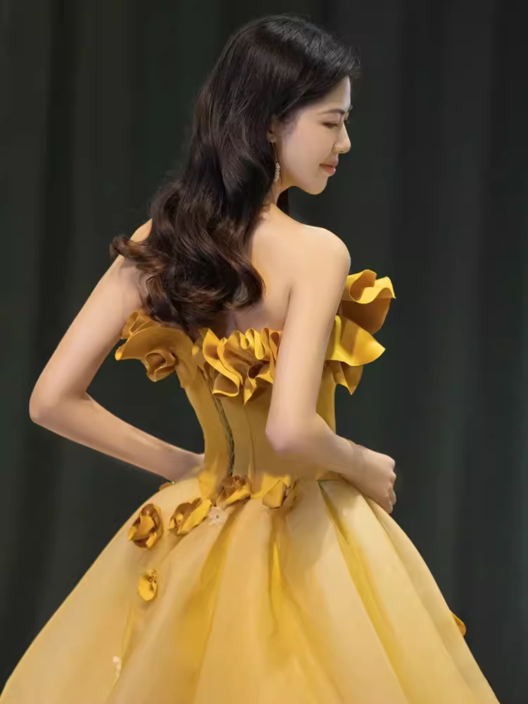 Fairy Ball Gown Sleeveless Yellow Long Floral Prom Dress