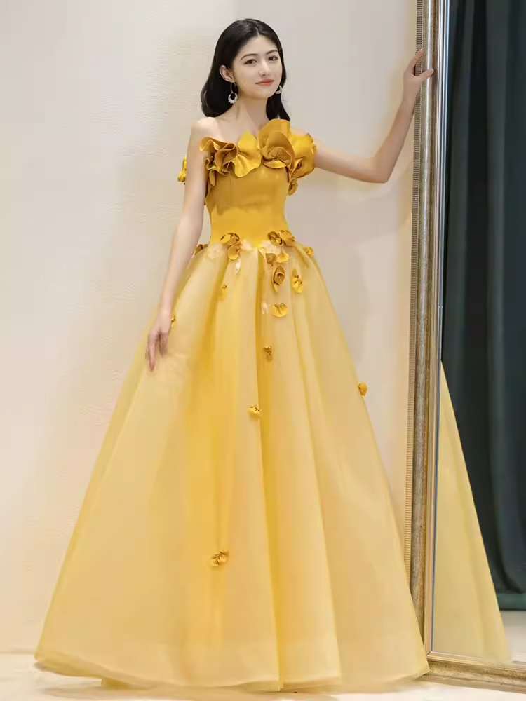Fairy Ball Gown Sleeveless Yellow Long Floral Prom Dress