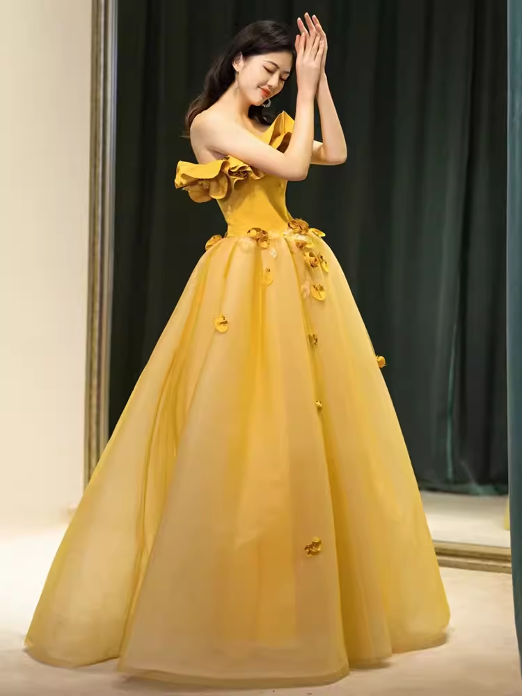 Fairy Ball Gown Sleeveless Yellow Long Floral Prom Dress