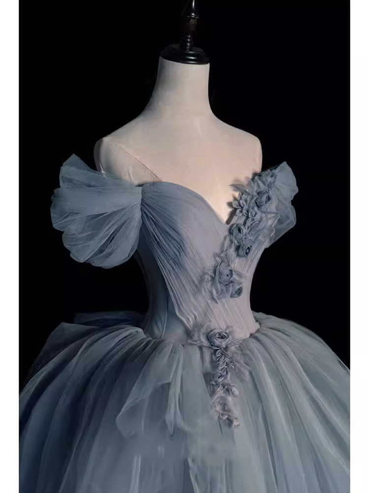 Fairy Ball Gown Off The Shoulder Gray Long Prom Dress