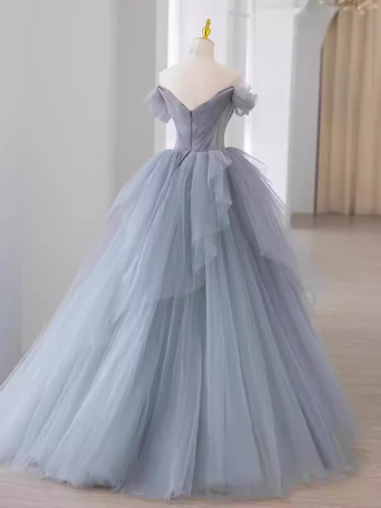 Fairy Ball Gown Off The Shoulder Gray Long Prom Dress