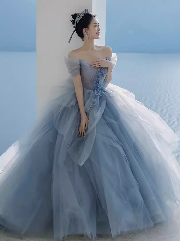 Fairy Ball Gown Off The Shoulder Gray Long Prom Dress