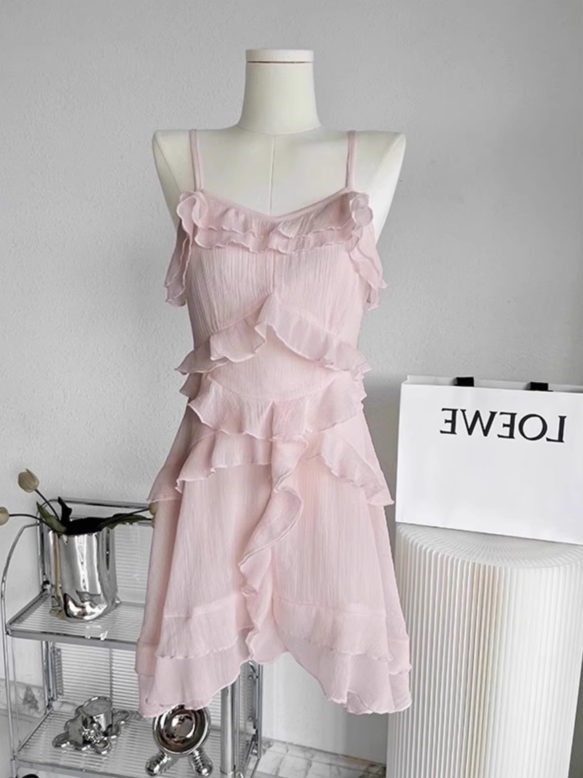 Sexy A Line Straps Ruffled Chiffon Pink Short Women's Holiday Dresses