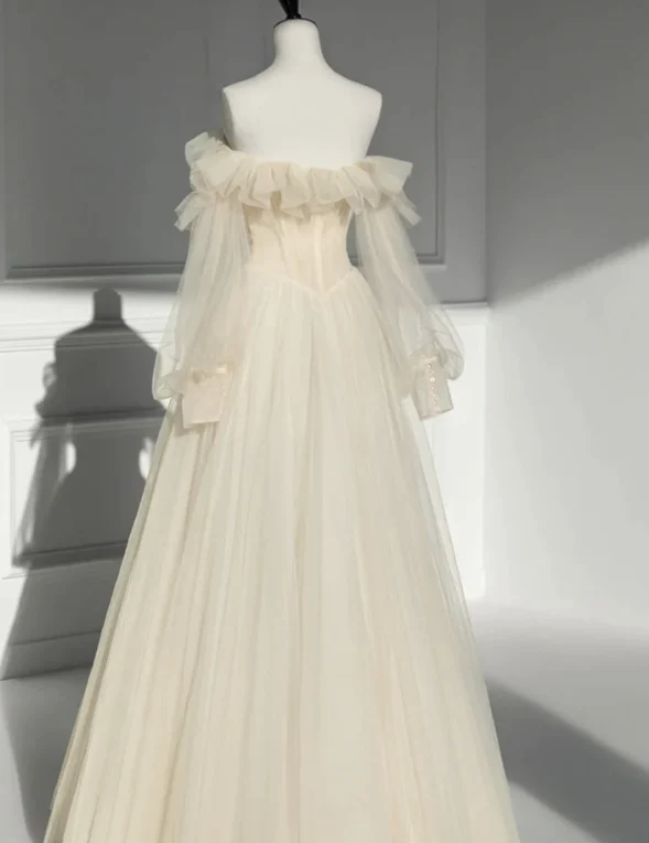 Simple A Line Strapless Tulle Long Prom Dress