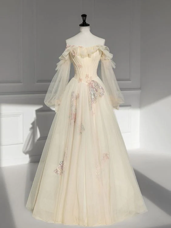 Simple A Line Strapless Tulle Long Prom Dress