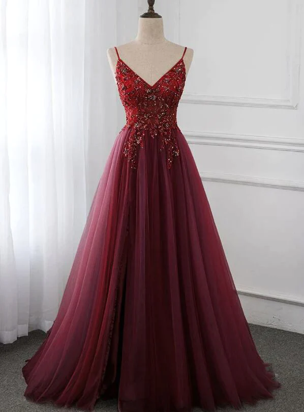 Sparkly A Line Burgundy Tulle Long Prom Dress
