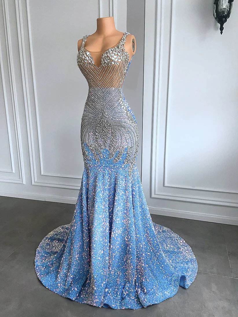 Sexy Mermaid Straps Beads Sequin Long Prom Dress