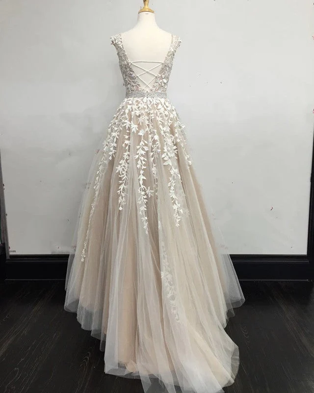 Elegant A line Cap Sleeves Lace Blue Long Prom Dress