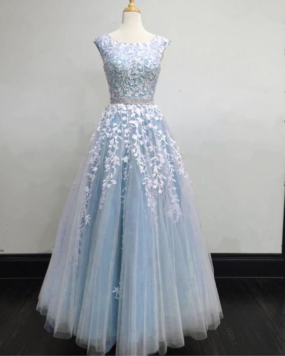 Elegant A line Cap Sleeves Lace Blue Long Prom Dress