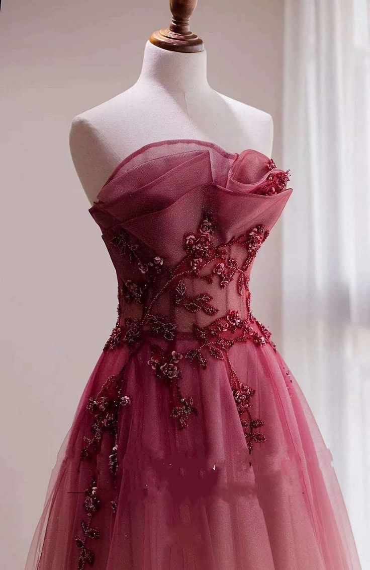 Vintage A line Long Strapless Ombre Red Long Prom Dress