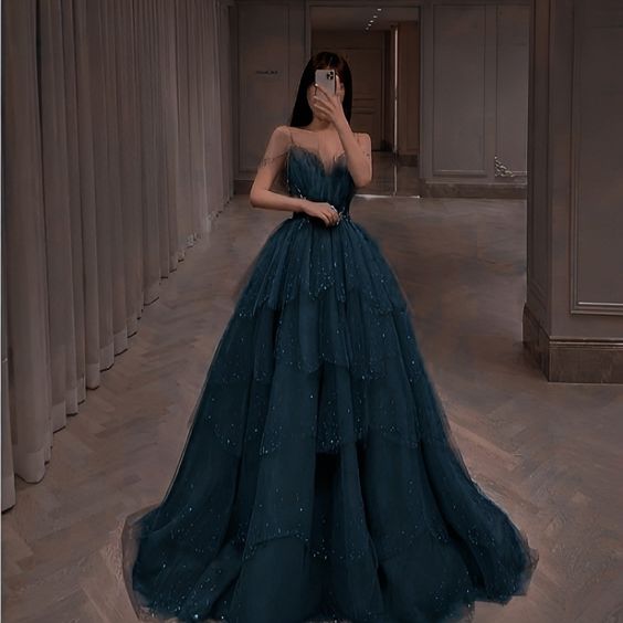 Elegant Ball Gown Straps Long Tulle Blue Prom Dress