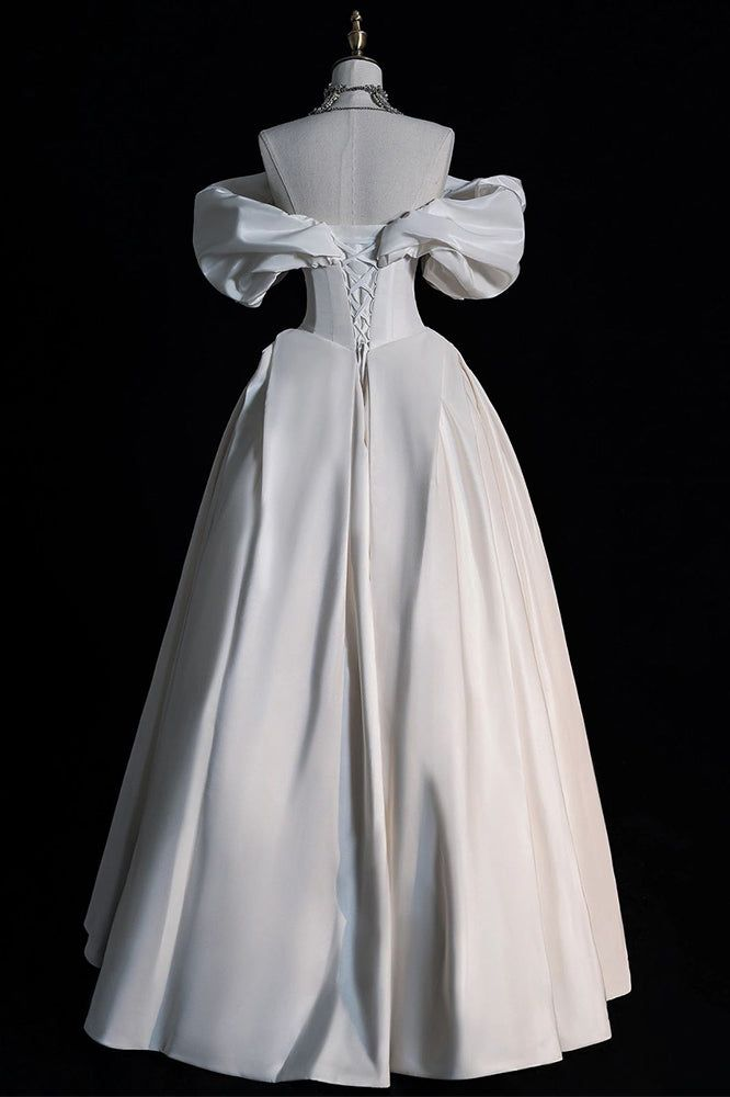 White Off the Shoulder Puffy Wedding Dress, Floor Length Satin Bridal Dresses