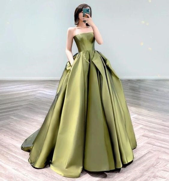 Charming Ball Gown Strapless Olive Green Long Prom Dress