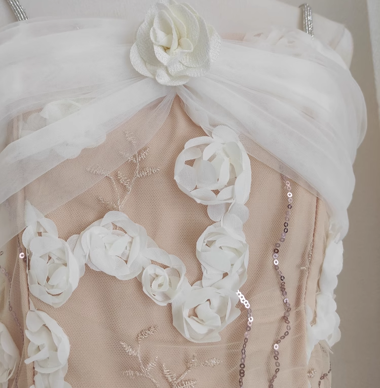 Sexy A line Spaghetti Straps White Satin Floral Dinner Party Dresses Birthday Outfits