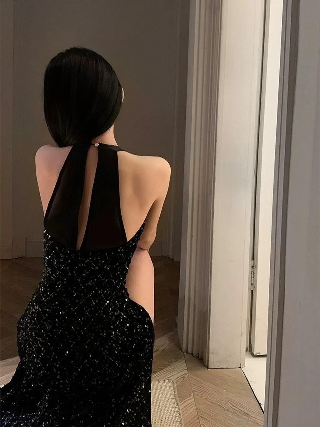 Charming Mermaid Halter Black Sequin Long Slit Prom Dress