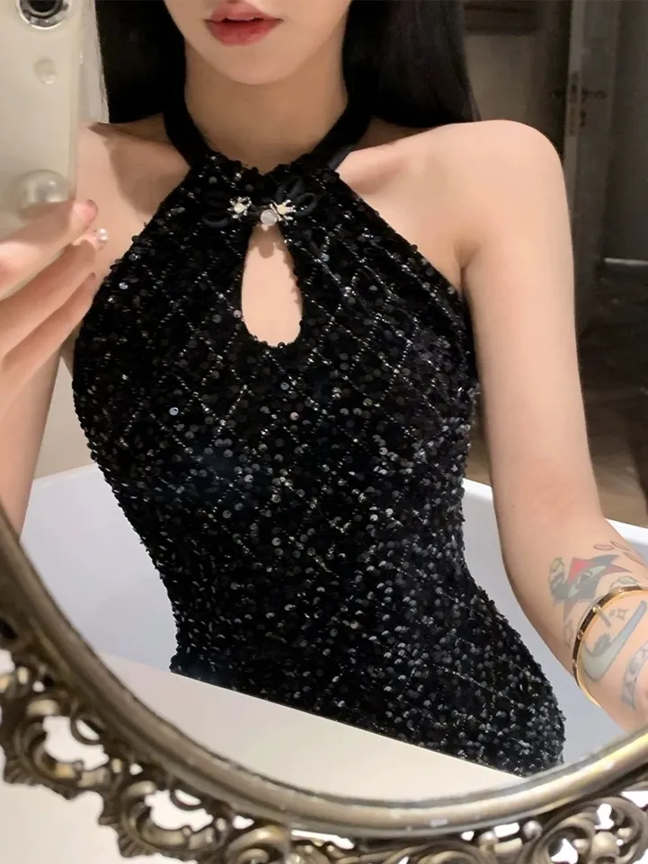 Charming Mermaid Halter Black Sequin Long Slit Prom Dress