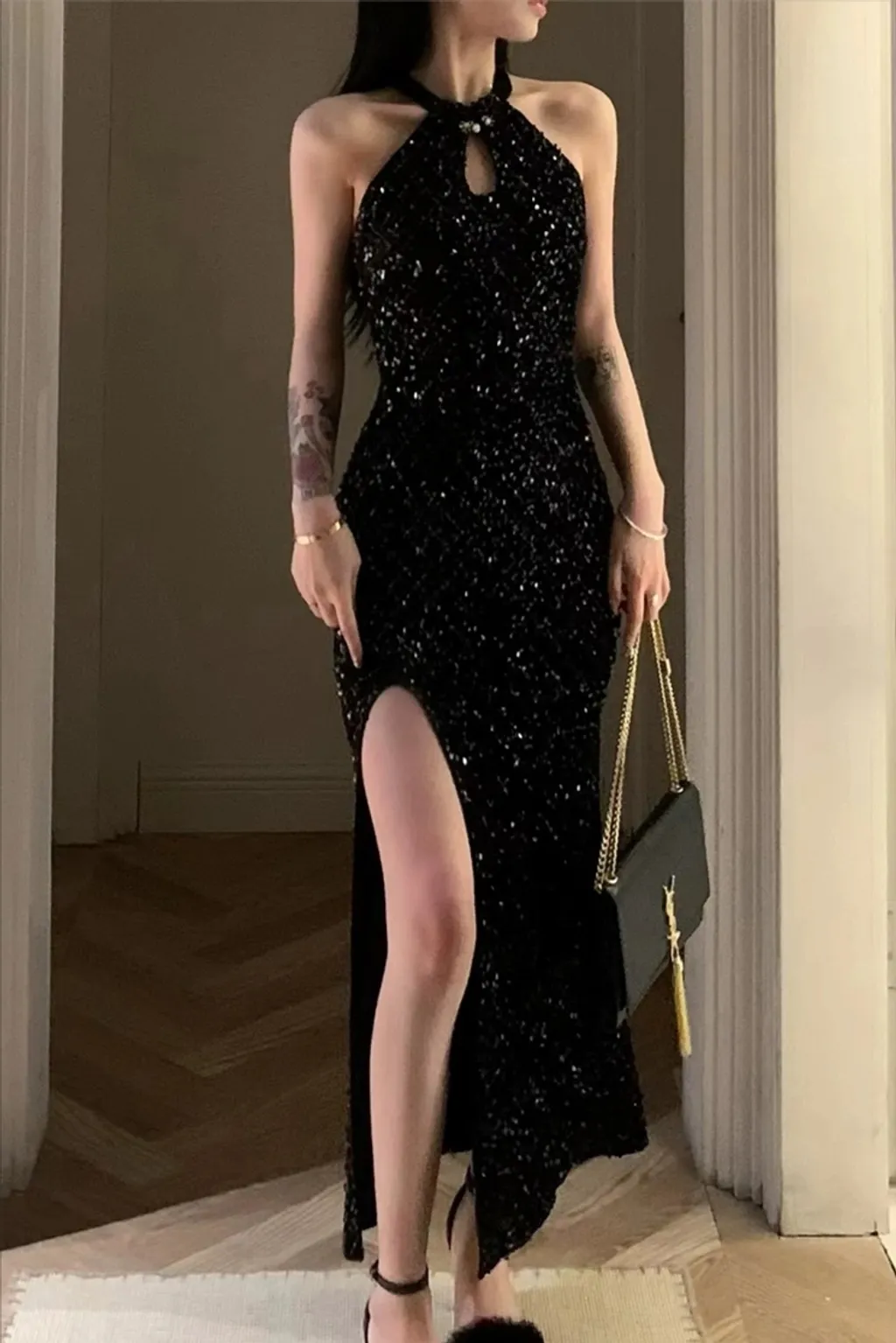 Charming Mermaid Halter Black Sequin Long Slit Prom Dress
