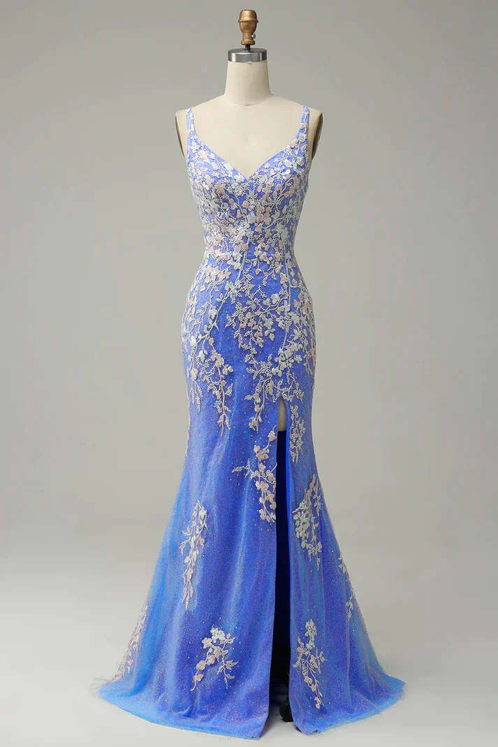 Charming Mermaid Straps Tulle Blue Lace Slit Long Prom Dress