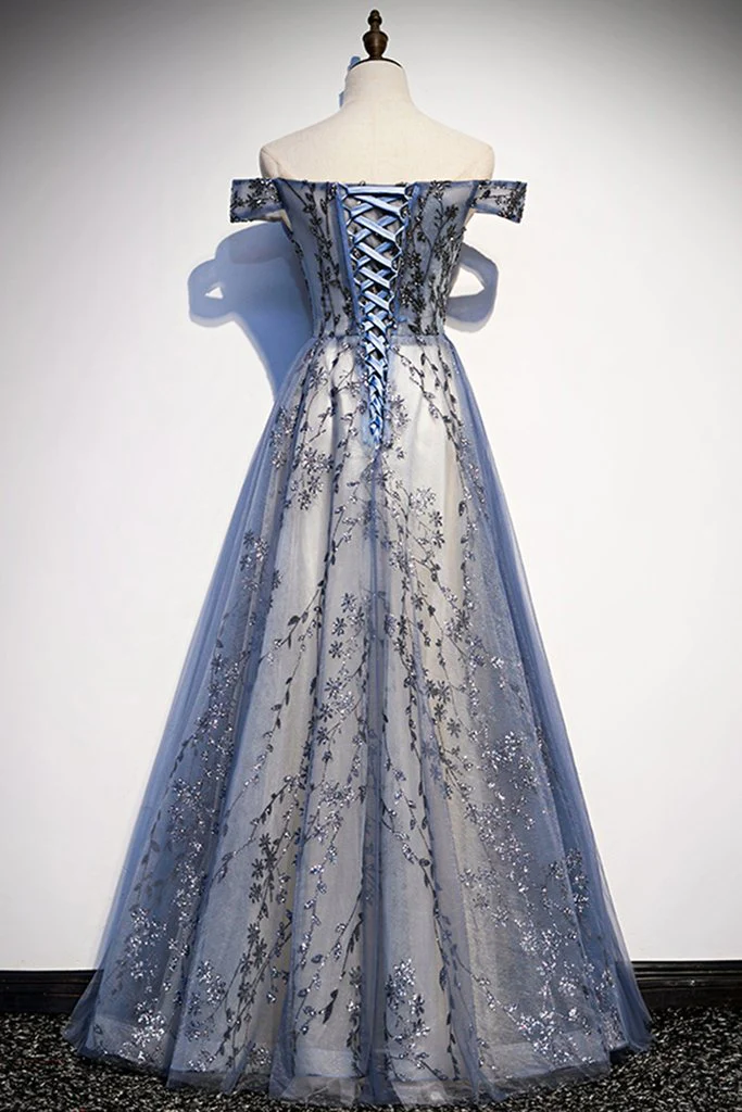 Charming A Line Off The Shoulder Blue Sequin Long Prom Dress