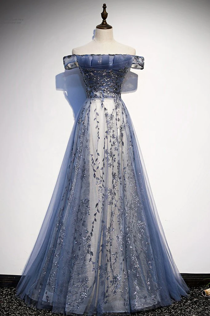 Charming A Line Off The Shoulder Blue Sequin Long Prom Dress
