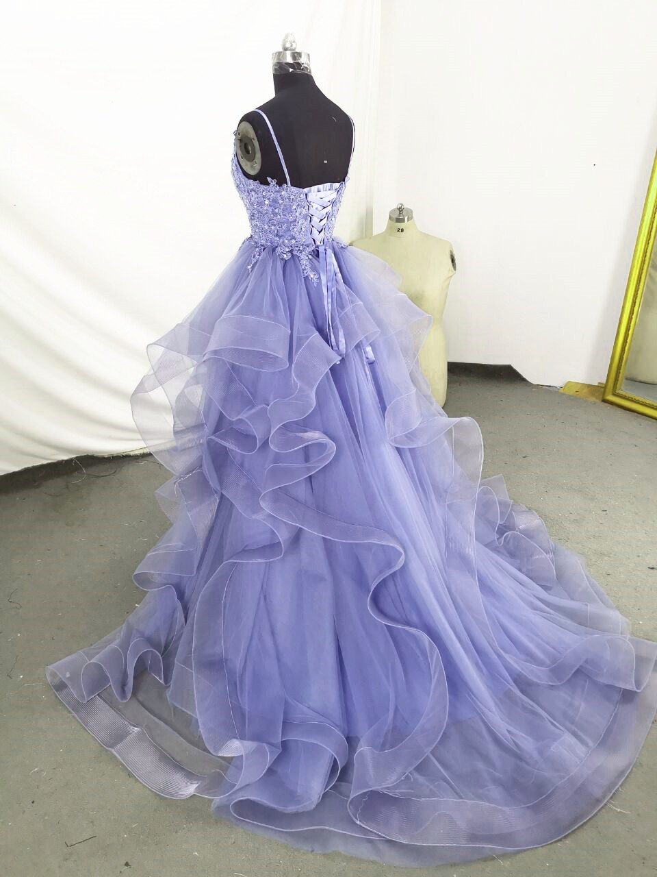 Charming Ball Gown Straps Long Lace Lilac Prom Dress