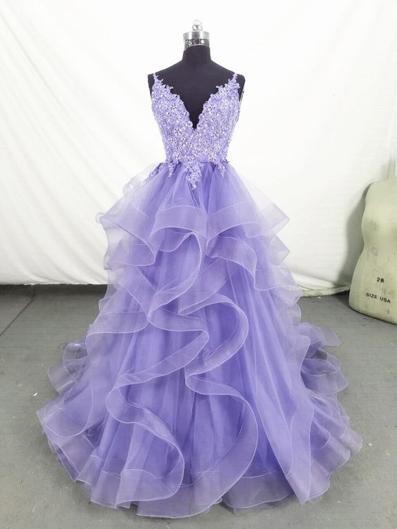 Charming Ball Gown Straps Long Lace Lilac Prom Dress
