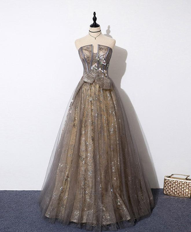 Shiny A line Strapless Long Sequin Prom Dress