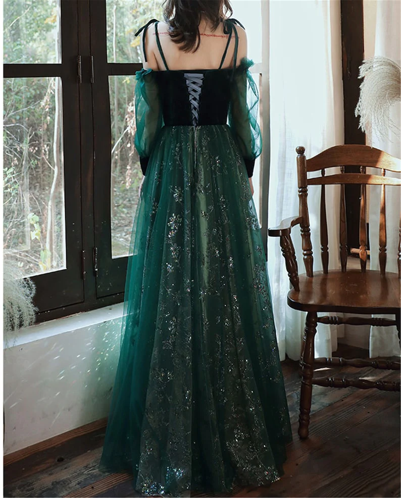 Simple A line Straps Long Sleeves Green Sequin Prom Dress
