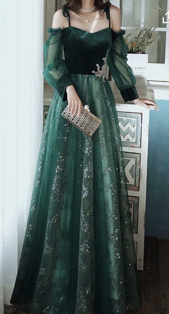 Simple A line Straps Long Sleeves Green Sequin Prom Dress