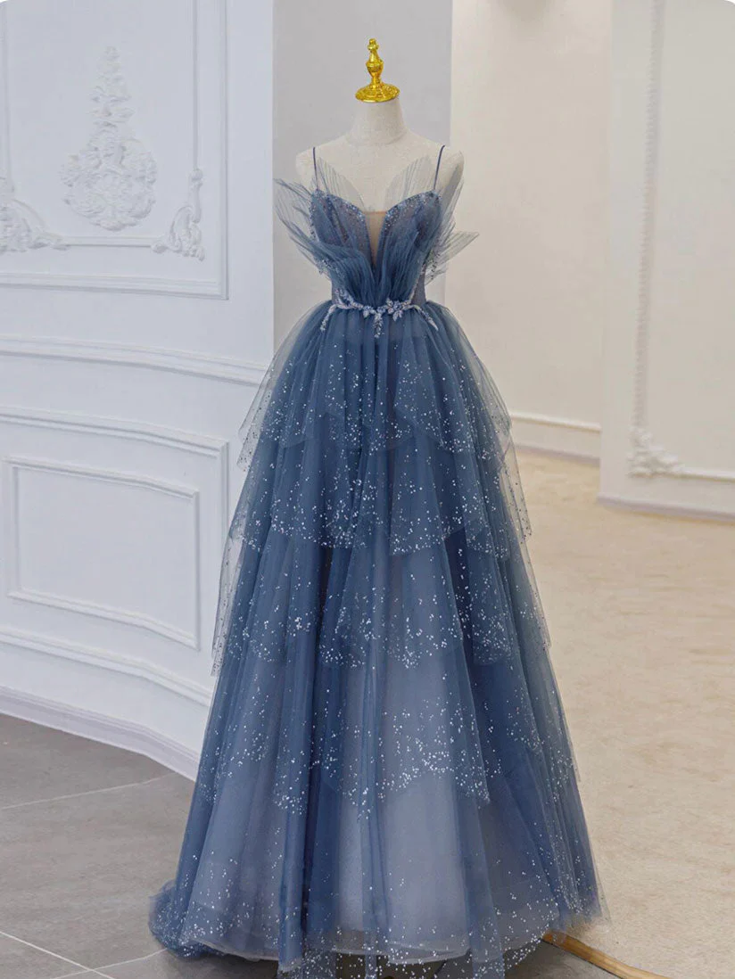 Vintage A line Straps Tulle Dusty Blue Long Prom Dress