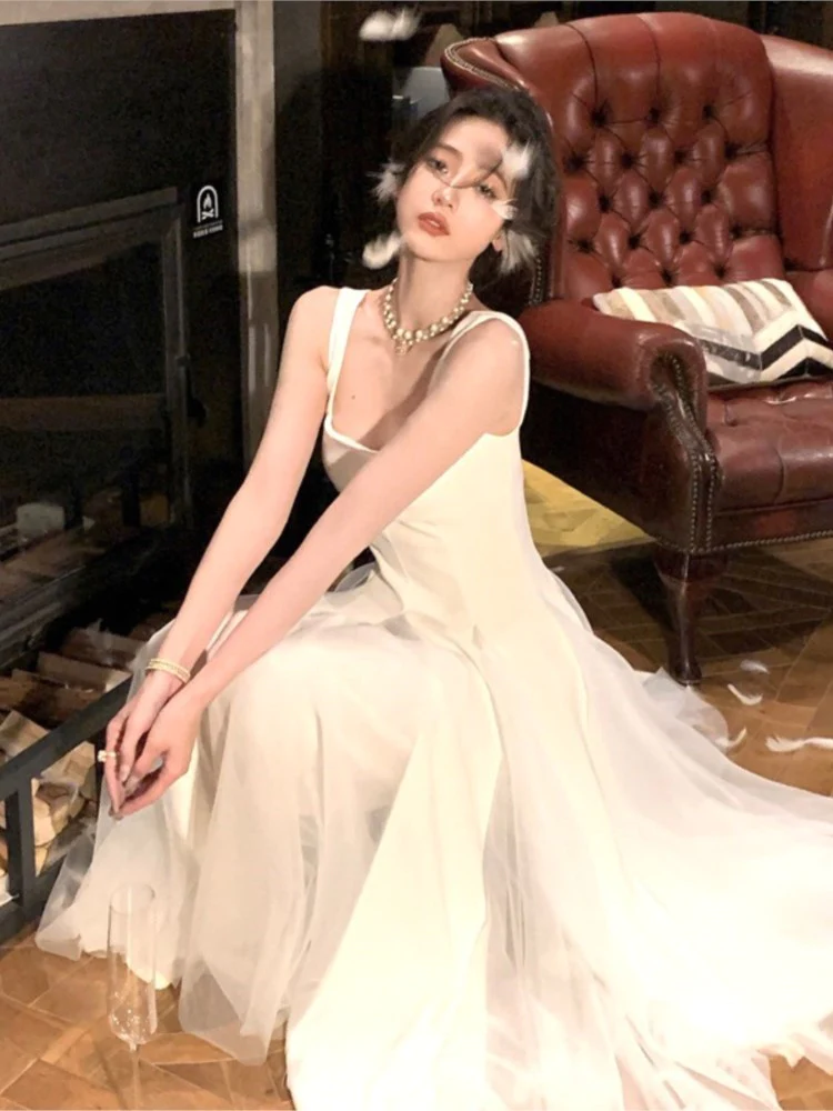 Vintage A line Straps White Long Prom Dress