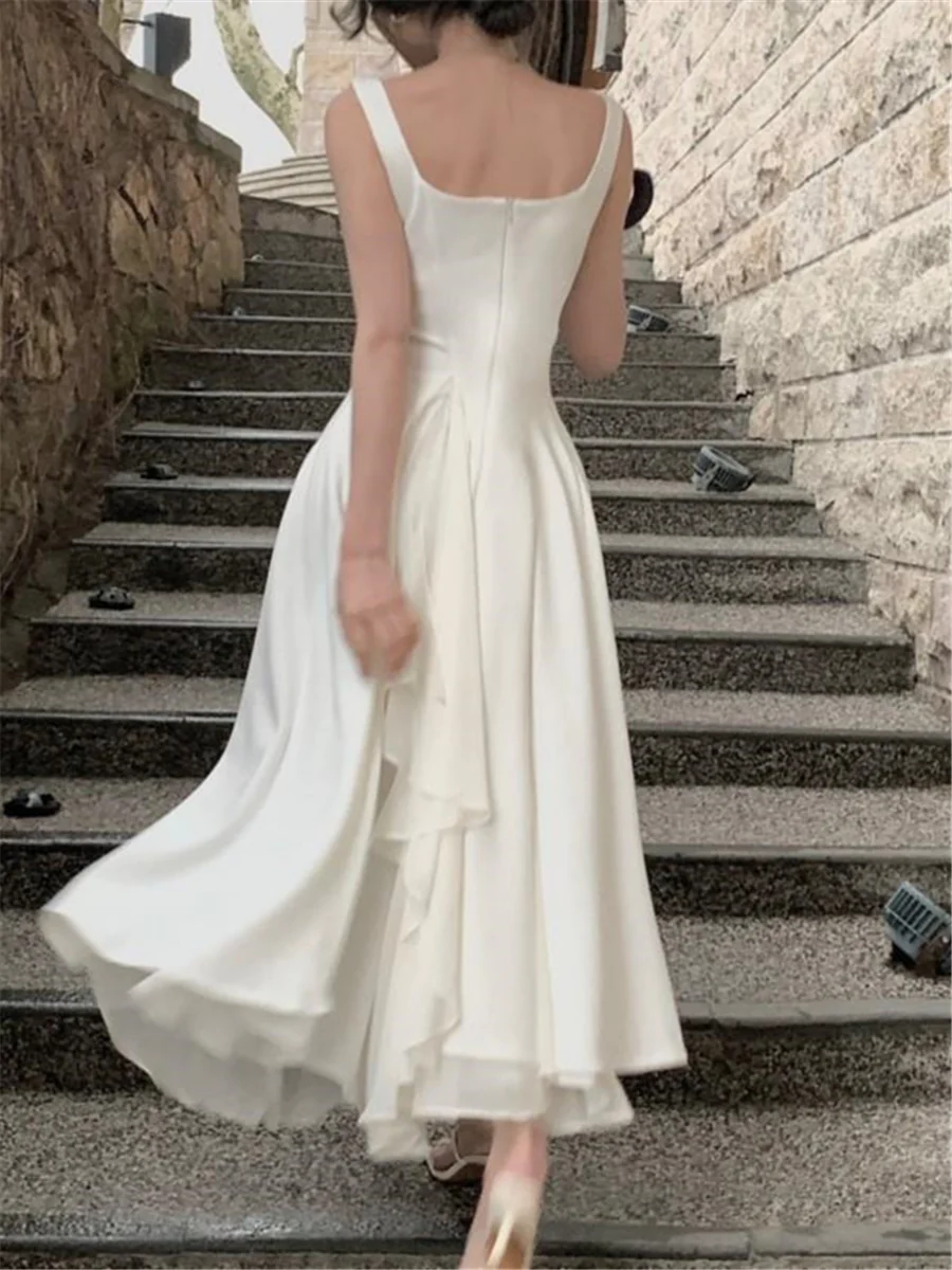 Vintage A line Straps White Long Prom Dress