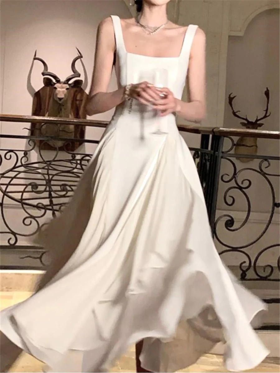 Vintage A line Straps White Long Prom Dress