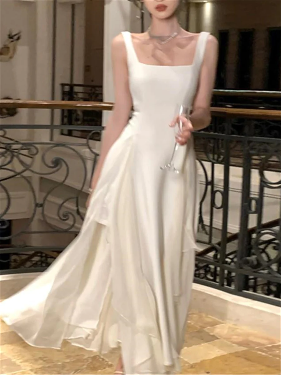 Vintage A line Straps White Long Prom Dress