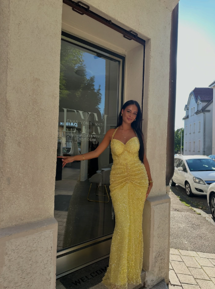 Sparkly Halter Yellow Sequin Pleated Mermaid Long Evening Dress Formal Wedding Guest Dress Party Dress