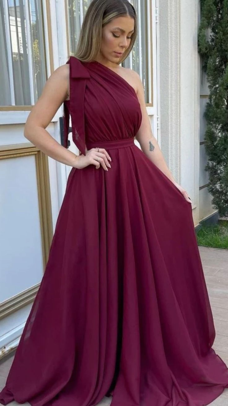 One Shoulder Maroon Chiffon Long Prom Dresses, One Shoulder Formal Evening Dresses