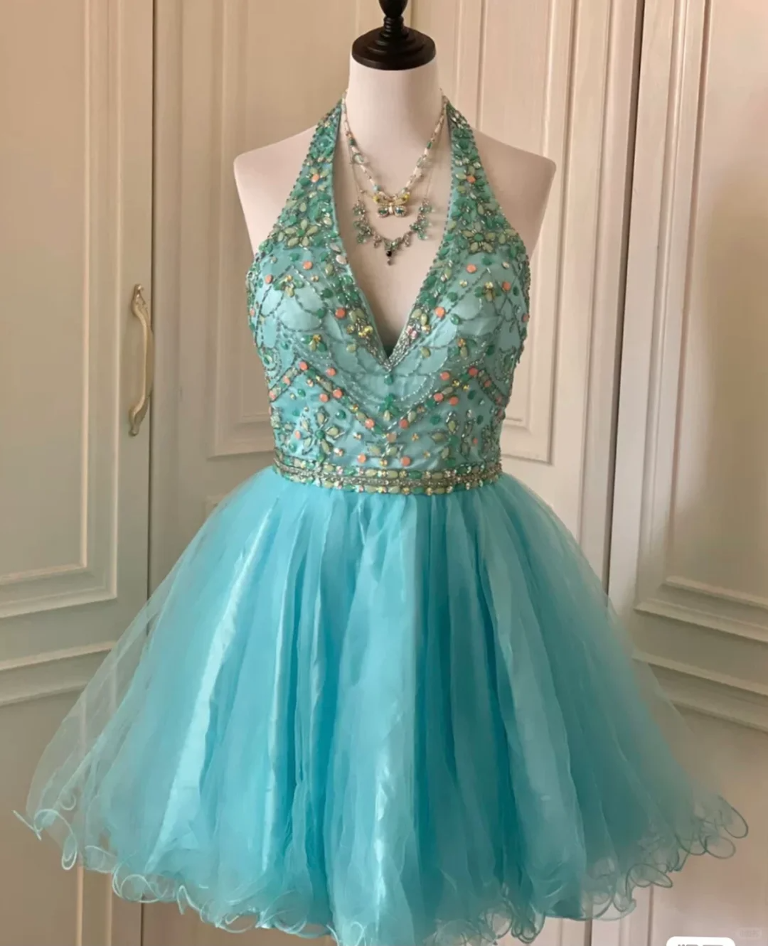 Vintage Blue Tulle Beaded Sleeveless A Line Birthday Dress Homecoming Dress