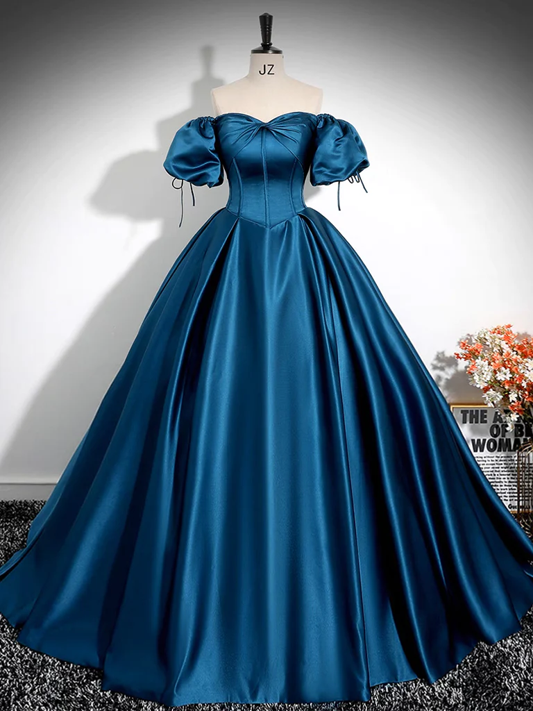 Simple A-Line Puff Sleeves Satin Peacock Blue Long Prom Dresss