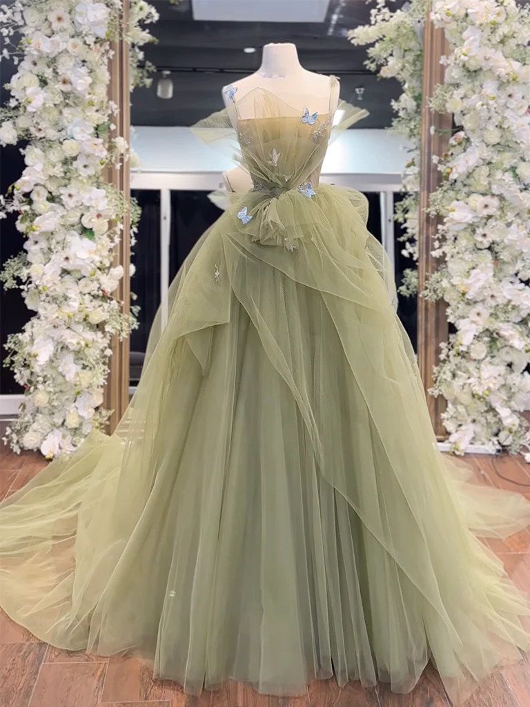 Simple A-Line Tulle Sage Green Long Prom Dress