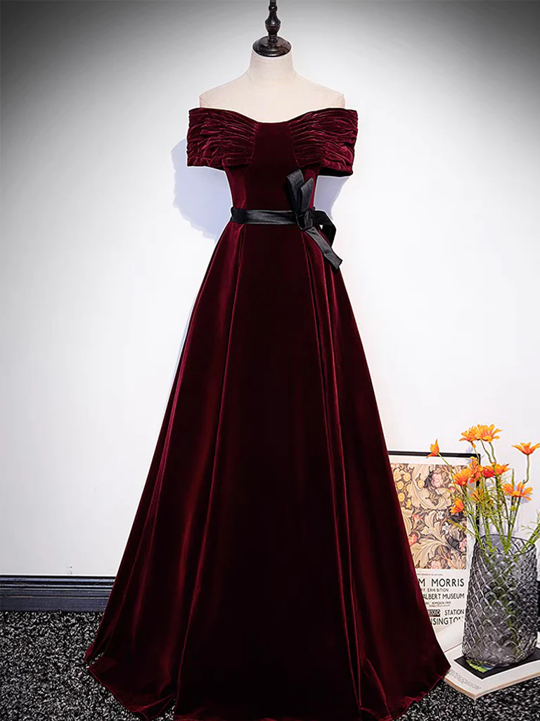 A-Line Off Shoulder Velvet Burgundy Long Prom Dress